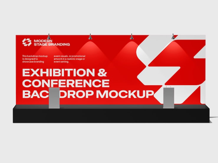 PSD maqueta de telón de fondo para exposición y conferencia con diseño rojo y blanco