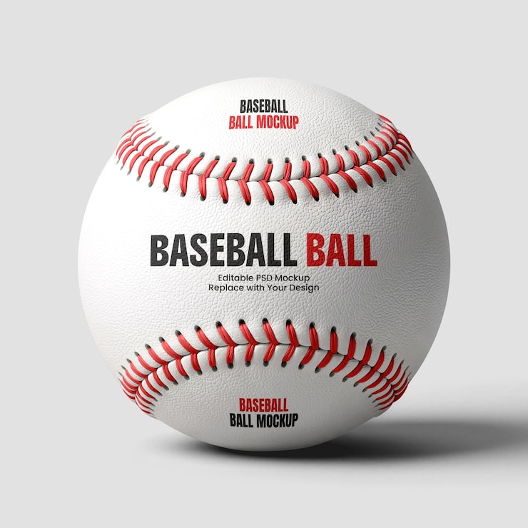 PSD maquette de balle de baseball avec coutures en studio