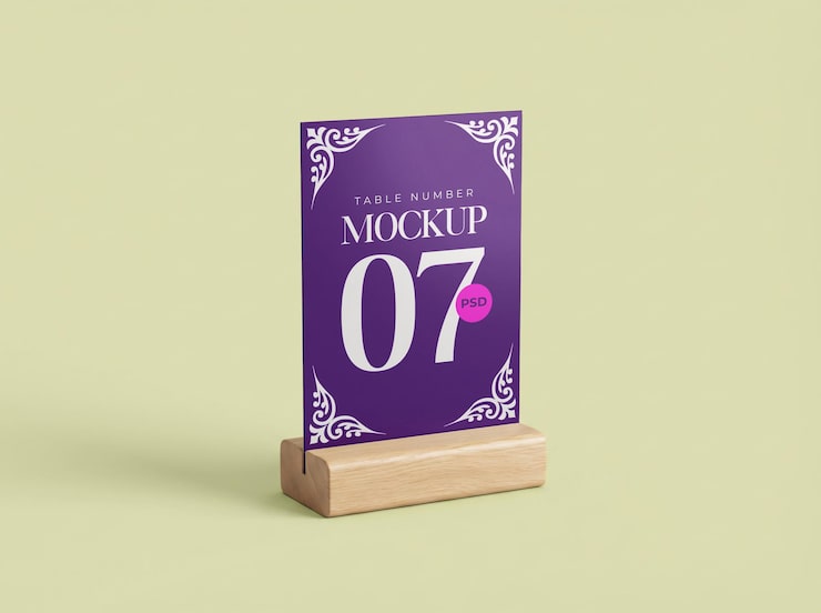 PSD maquette élégante de carte de numéro de table avec support en bois