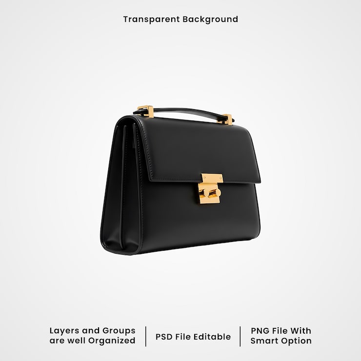 PSD maquette de sac à main en cuir noir avec accessoires dorés.
