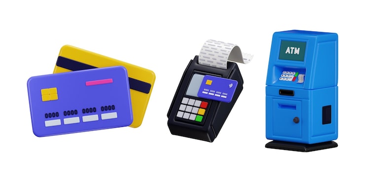 PSD máquina atm com cartão atm e ícone de máquina pos conceito de renderização 3d de ícone de sistema de pagamento digital