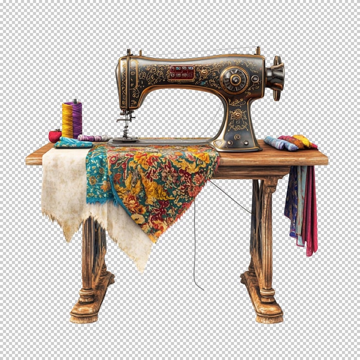 PSD máquina de coser blanca de época máquina de cocer antigua en mesa de madera