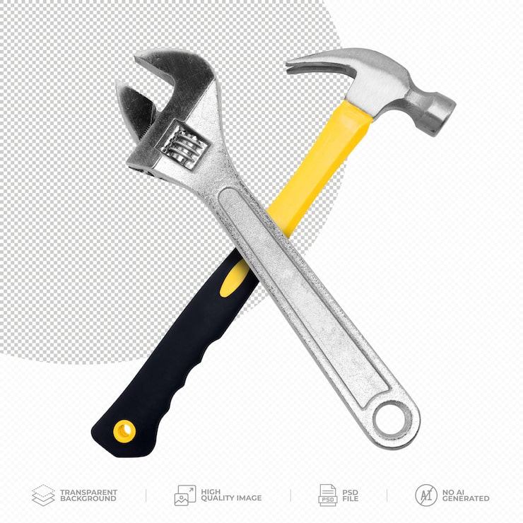 PSD martelo e chaves de boca em fundo transparente psd