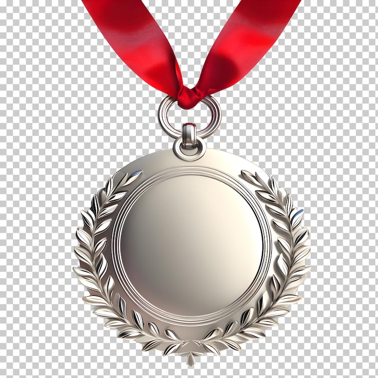 PSD médaille d'argent sur ruban rouge isolée sur fond transparent