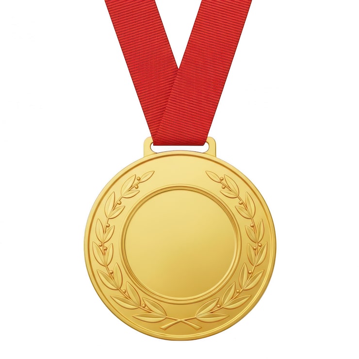 PSD médaille d'or brillante avec un ruban rouge