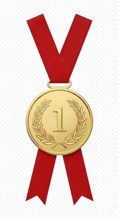 PSD une médaille d'or étincelante avec un ruban rouge, symbolisant la victoire de la première place.