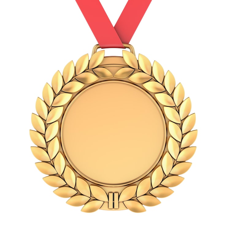 PSD médaille d'or avec un rendu 3d au ruban rouge isolé sur un fond transparent