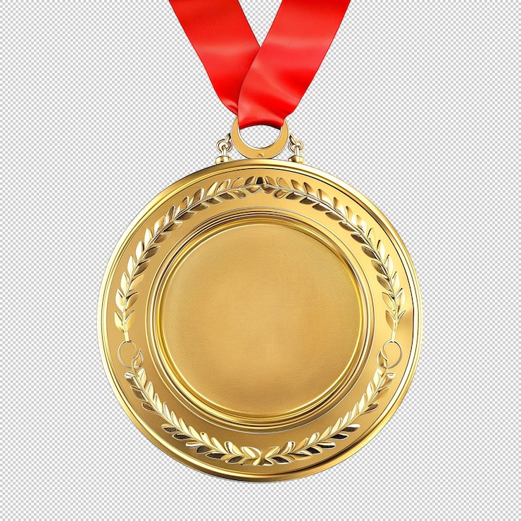 PSD médaille d'or avec un ruban rouge sur fond transparent
