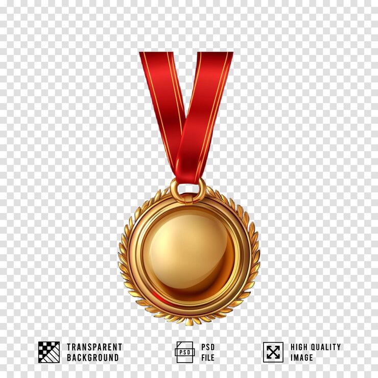 PSD médaille d'or avec un ruban rouge sur fond transparent