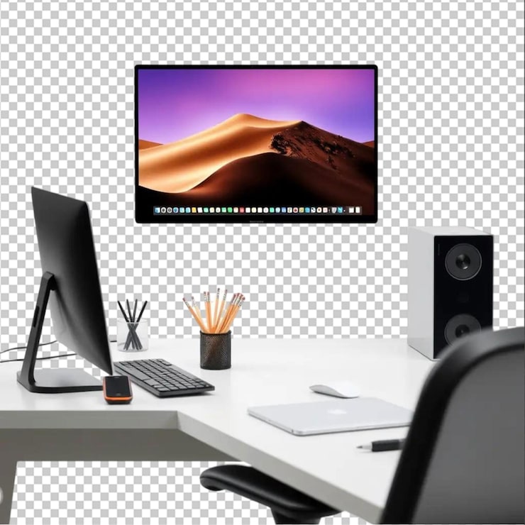 PSD mesa de trabajo con una computadora una taza con bolígrafos y lápices aislados en el fondo blanco
