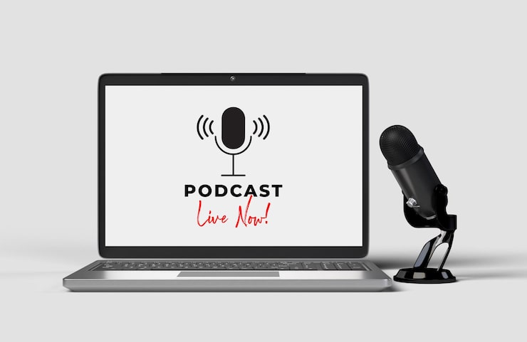 PSD microfones com laptop para uma conferência de imprensa, palestra, podcast ou entrevista