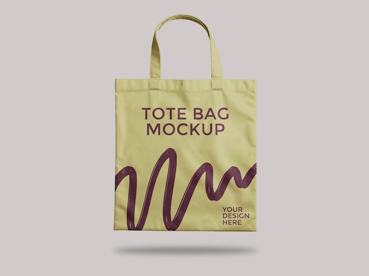 PSD mockup de bolso tote amarillo con diseño de ondas abstracto