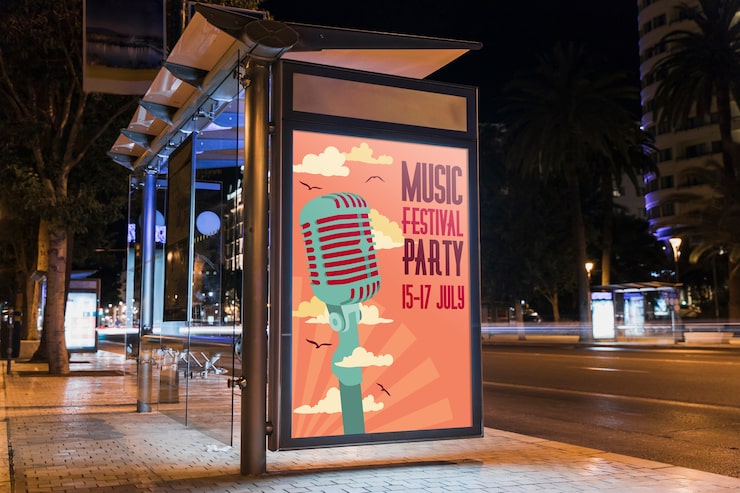 PSD mockup de cartel de parada de autobús en ciudad de noche