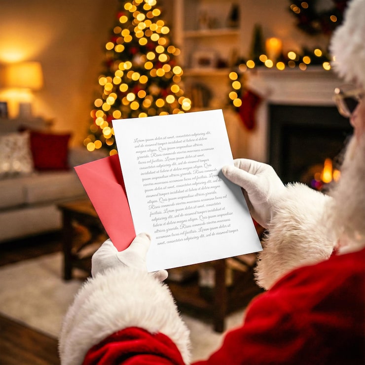 PSD mockup de papai noel lendo carta de natal, cena aconchegante de casa de férias