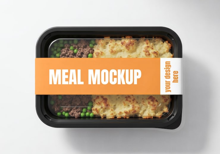 PSD mockup de recipiente para refeições preparadas com rótulo personalizável