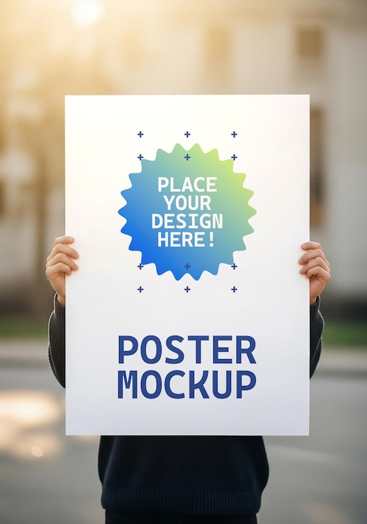 PSD mockup di poster per esterni tenuto da una persona per presentazione di design