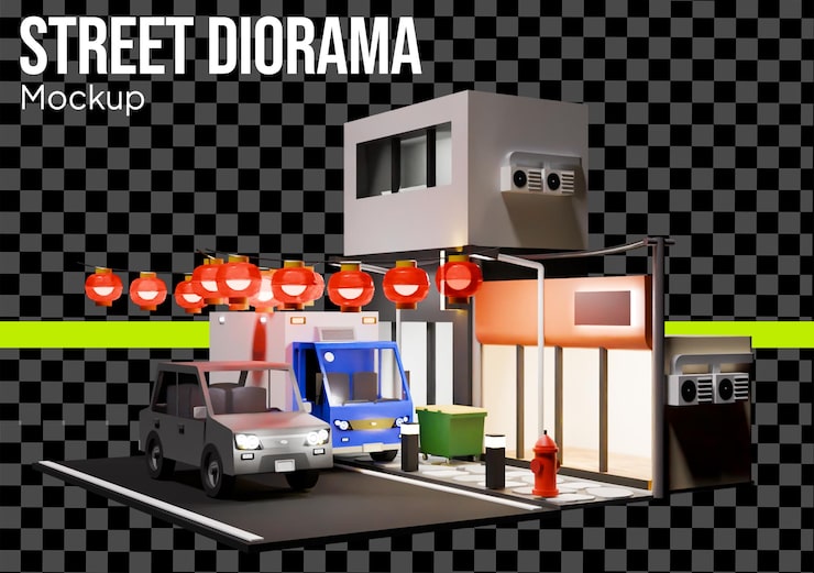 PSD mockup diorama jalan dengan pemandangan kota kartun 3d