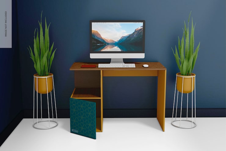 PSD mockup de escritorio de madera con planta