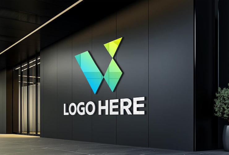 PSD mockup logo 3d di meja resepsionis kantor