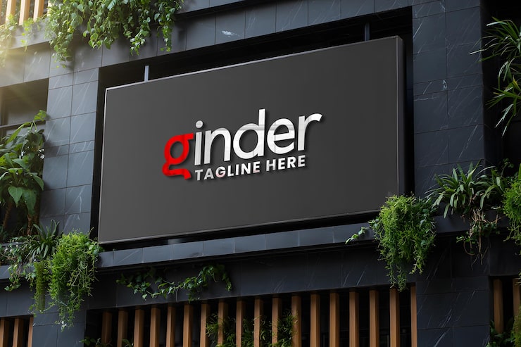 PSD mockup logo depan 3d tanda fasad modern