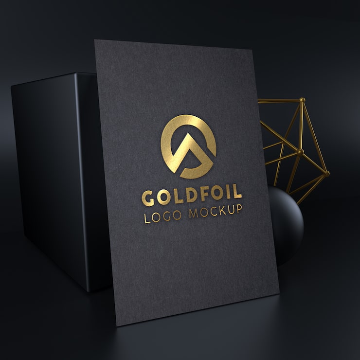 PSD mockup logo foil emas timbul yang elegan dan mewah di atas kertas hitam