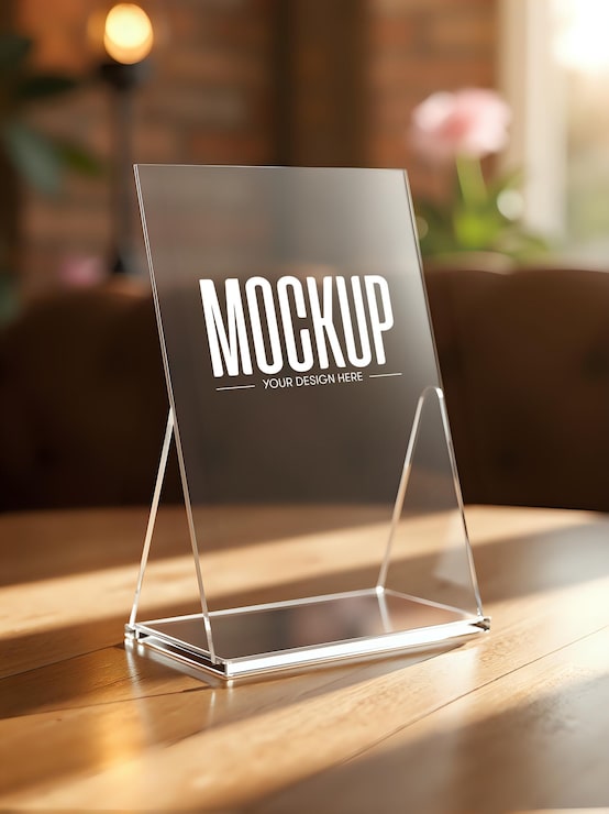 PSD mockup menu meja akrilik dan kaca desain elegan dan dapat disesuaikan untuk restoran