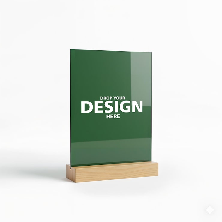 PSD mockup papan nama meja dengan alas kayu