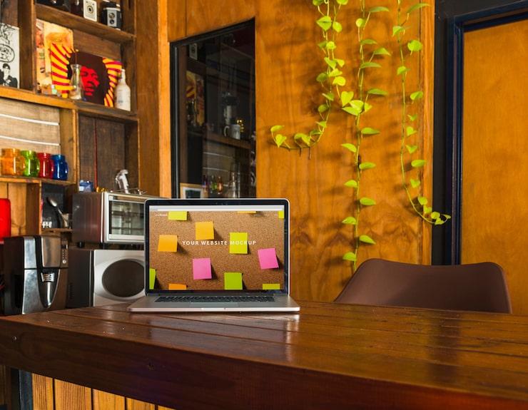 PSD mockup de portátil en mesa de madera