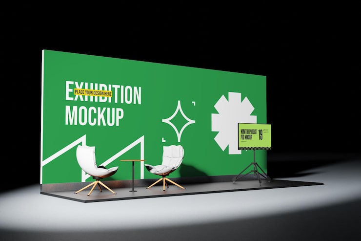 PSD mockup de stand de exposición con sillas y monitor