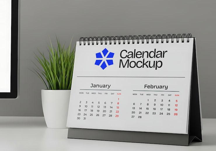 PSD modèle de calendrier sur un bureau blanc