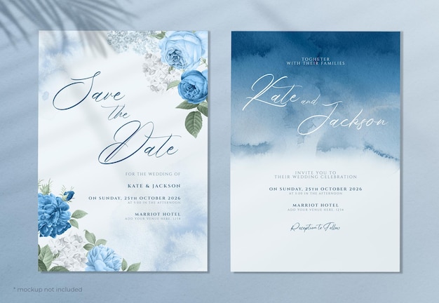 Modèle d'invitation de mariage floral aquarelle serti de thème bleu