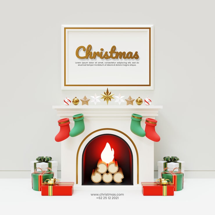 PSD modèle de publication de médias sociaux de noël avec illustration de rendu 3d de cheminée