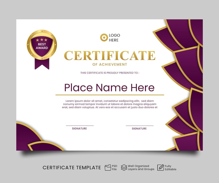 PSD modello di certificato moderno design viola file psd modificabile formato a4 paesaggio certificato viola bianco