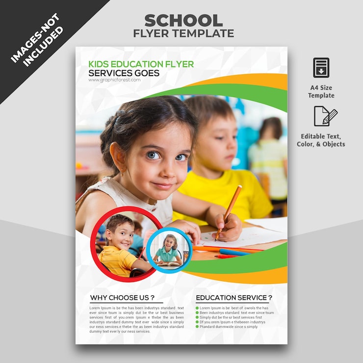 PSD modello di volantino per l'istruzione dei bambini per i servizi scolastici