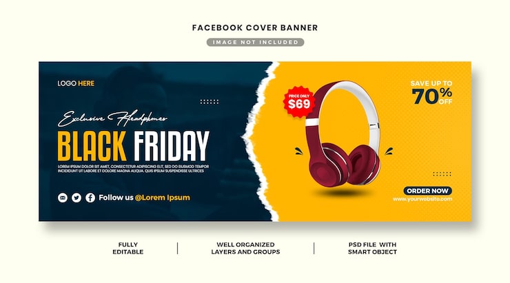 PSD modelo de capa de facebook de venda de fone de ouvido de sexta-feira negra