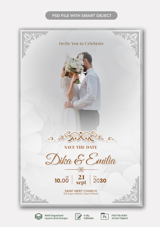 PSD modelo de cartão de casamento lindo com foto