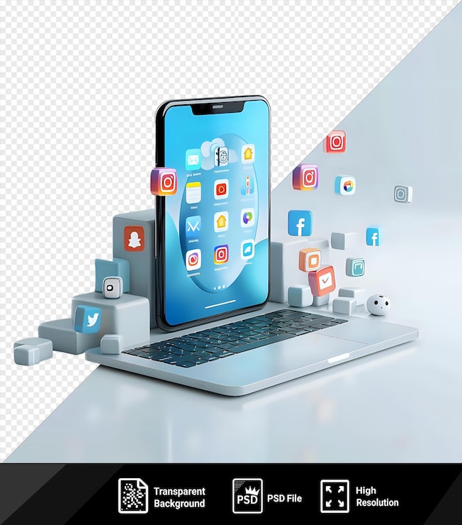 PSD modelo de laptop e smartphone de fundo transparente com ícones do linkedin voando no ar png
