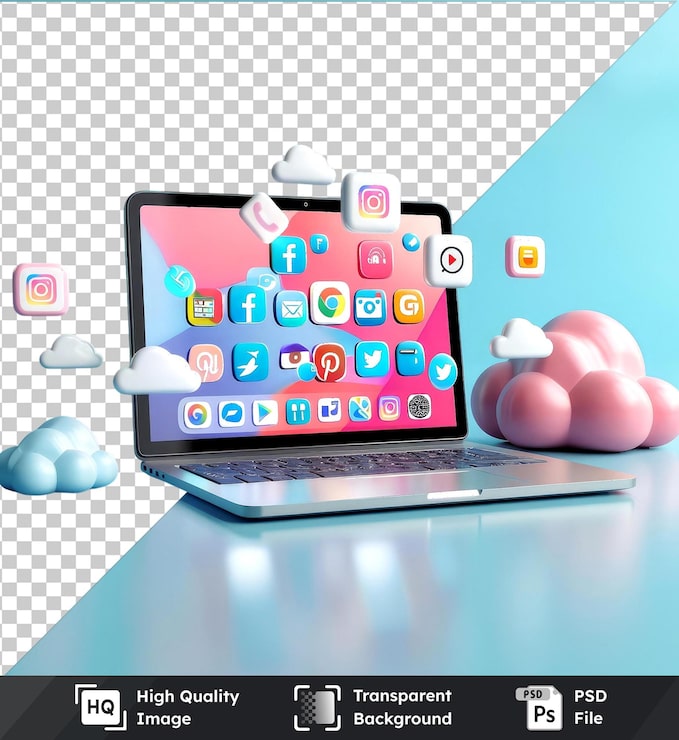 PSD modelo de portátil e smartphone com ícones do linkedin voando no ar