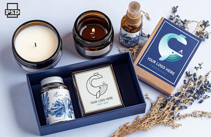 PSD modelo de um conjunto de presentes elegantes com velas, sabões e fragrâncias.