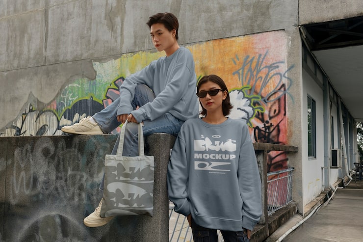 PSD modelo con una maqueta de ropa cerca de la pared