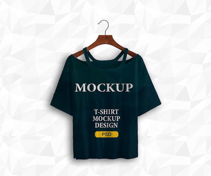 PSD modré tričko s nápisem t shirt na ramínku