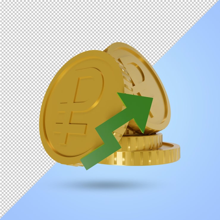 PSD moneda de rublo ruso con concepto de valor de precio de moneda de flecha hacia arriba render 3d archivo psd