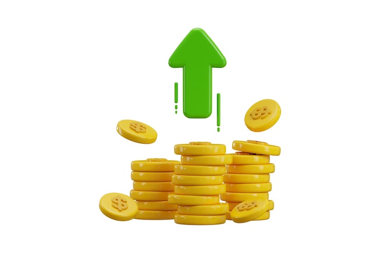 PSD montones de monedas de dólar doradas con flechas hacia arriba, icono de renderizado 3d, concepto de éxito financiero y riqueza