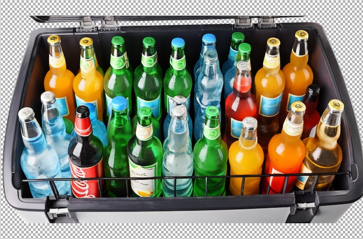 PSD muitas garrafas de bebidas na caixa de refrigeração mantidas para os hóspedes
