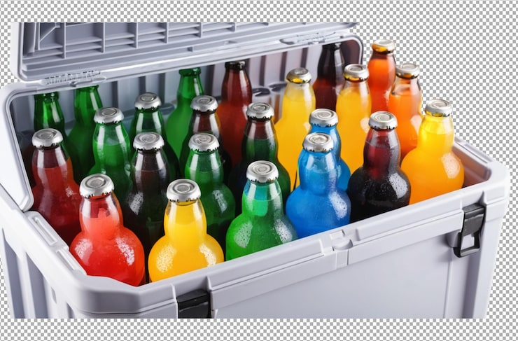 PSD muitas garrafas de bebidas na caixa de refrigeração para a festa