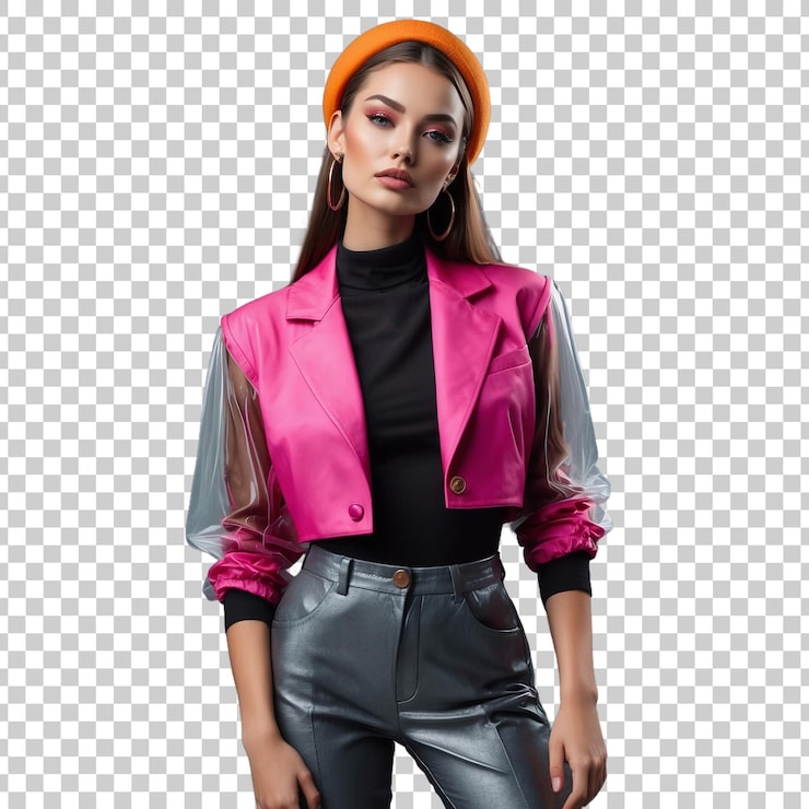 PSD una mujer con una chaqueta rosa con una tapa negra y una chaqueta rosada