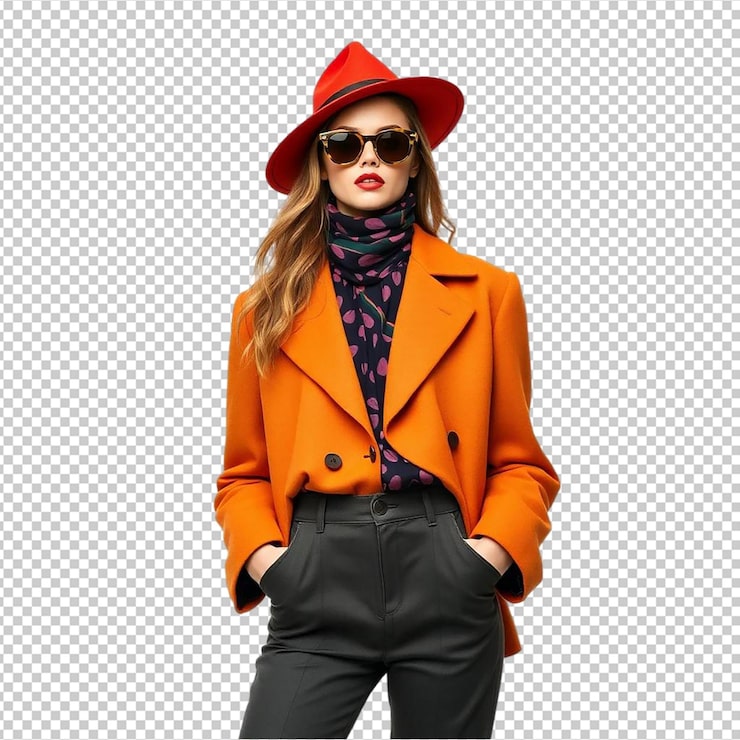 PSD mujer elegante con abrigo naranja sombrero rojo y gafas de sol moda de otoño modelo de chica estilo vogue