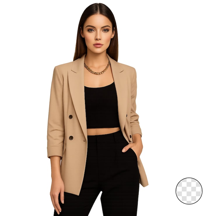 PSD mujer elegante con blazer beige y conjunto negro
