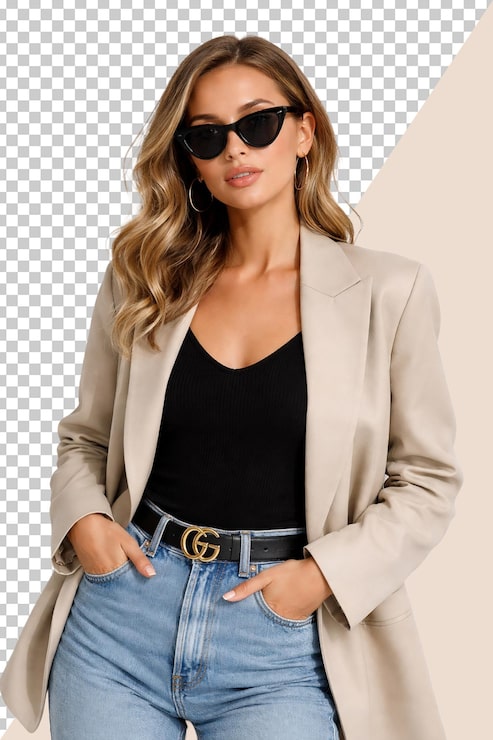 PSD mujer elegante con blazer beige y jeans
