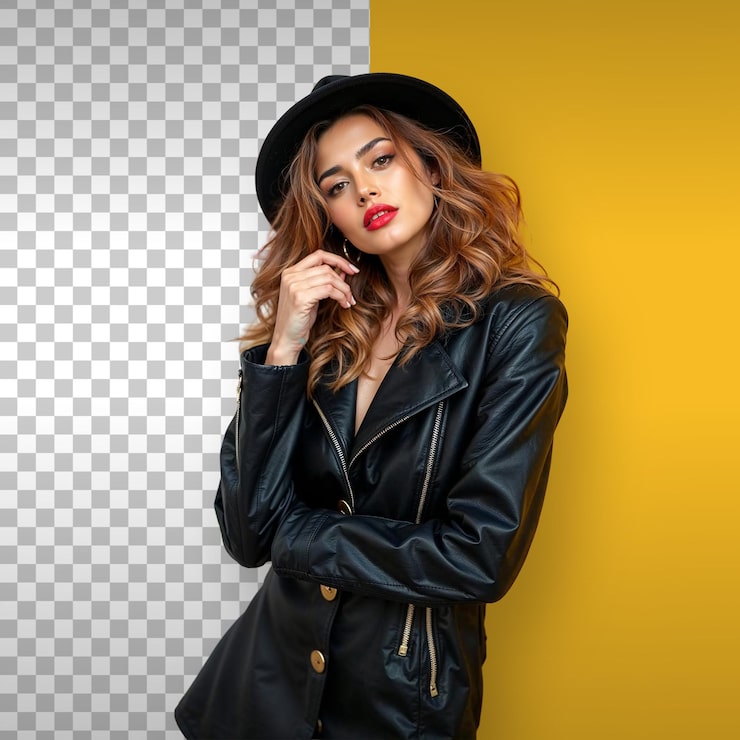 PSD mujer elegante con chaqueta de cuero negra y sombrero, png con fondo transparente